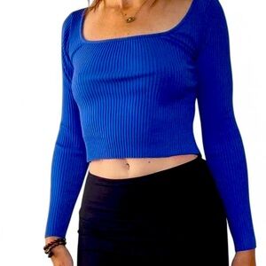 Blue Ribbed Long Sleeve Top